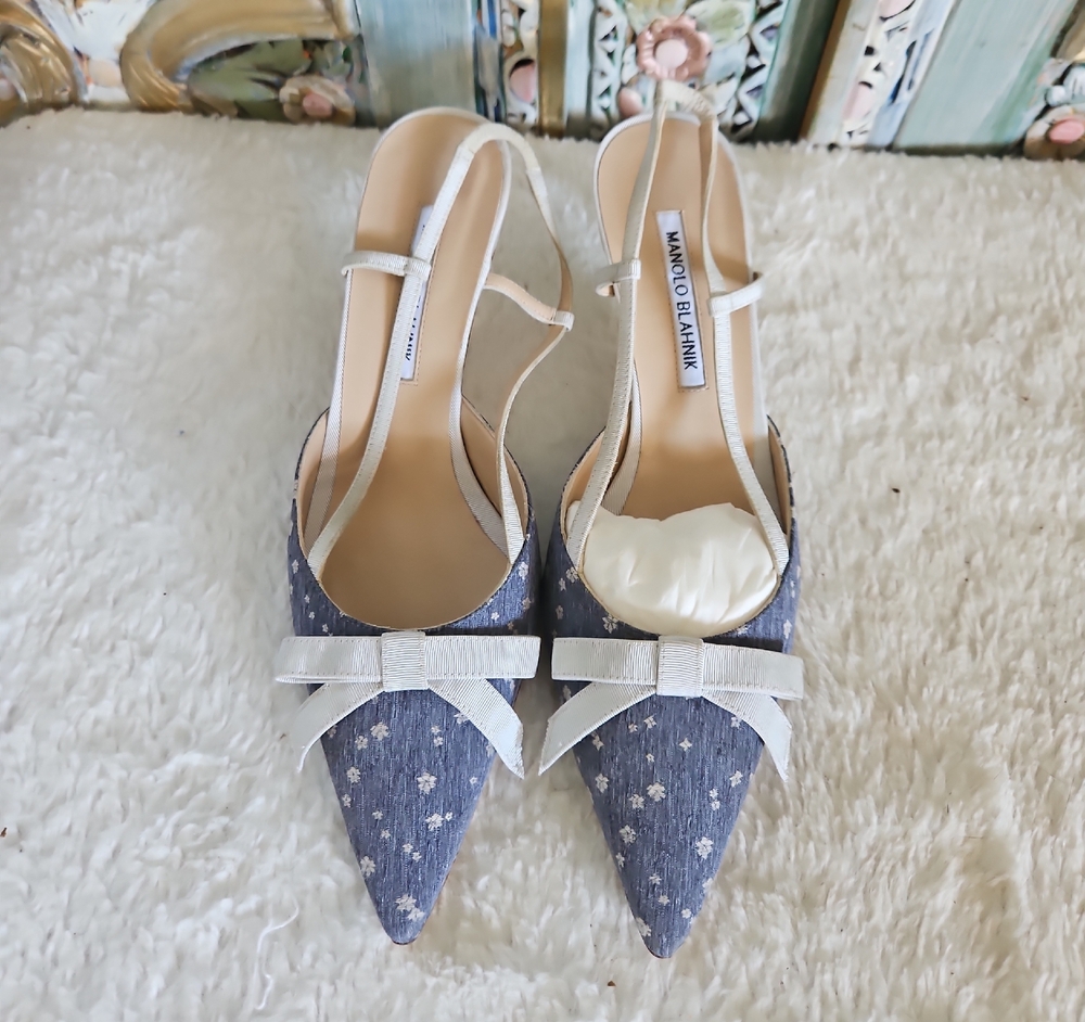 Manolo Blahnik Denim Blue and White Heels